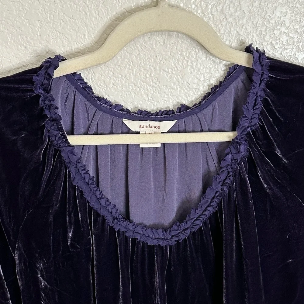 Sundance Silk Blend Velvet Deep Purple Balloon Sleeves Tunic Top, Sz Medium